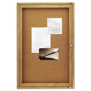 Quartet&#174; Enclosed Bulletin Board, Natural Cork/Fiberboard, 24 x 36, Oak Frame