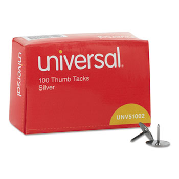 Universal Thumb Tacks, Steel, Silver, 0.31&quot;, 100/Box