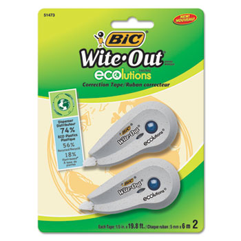 BIC Wite-Out Ecolutions Mini Correction Tape, White, 1/5&quot; x 235&quot;, 2/Pack