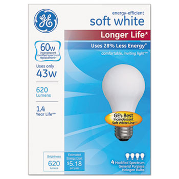 GE Energy-Efficient Halogen Bulb, A19, 43 W, 620 lm, Soft White, 4/PK