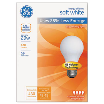 GE Energy-Efficient Halogen Bulb, A19, 29 Watt, 430 lm, Soft White, 4/PK
