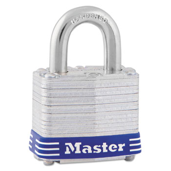 Master Lock Four-Pin Tumbler Lock, Laminated Steel Body, 1 9/16&quot; Wide, Silver/Blue, Two Keys