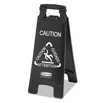 Rubbermaid&#174; Commercial Executive 2-Sided Multi-Lingual Caution Sign, Black/White, 10 9/10 x 26 1/10