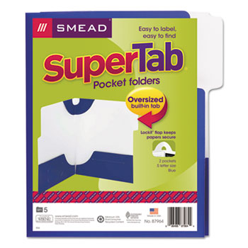 Smead SuperTab Two-Pocket Folder, 11 x 8 1/2, Blue, 5/Pack