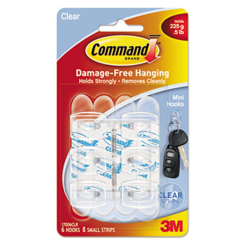 Command™ Clear Hooks &amp; Strips, Plastic, Mini, 6 Hooks &amp; 8 Strips/Pack