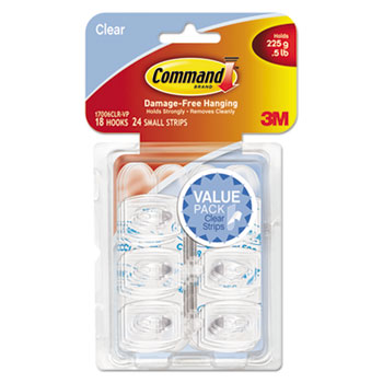 Command™ Clear Hooks &amp; Strips, Plastic, Mini, 18 Hooks &amp; 24 Strips/Pack