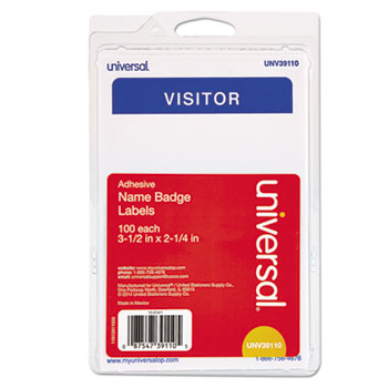 Universal &quot;Visitor&quot; Self-Adhesive Name Badges, 3 1/2 x 2 1/4, White/Blue, 100/Pack