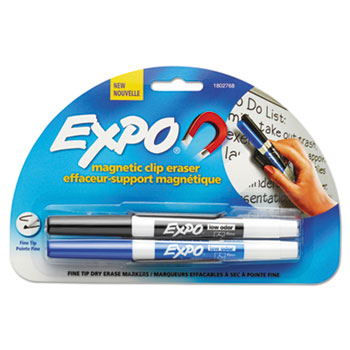 EXPO Magnetic Clip Eraser w/2 Markers, Fine, Black/Blue