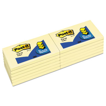 Post-it&#174; Pop-up Dispenser Notes, 3&quot; x 5&quot;, Rectangle, 100-Sheet/Pad, Canary Yellow, 12/PK