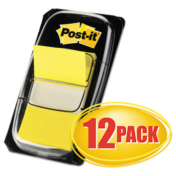 Post-it&#174; Yellow Flag Value Pack, 1&quot; x 1.75&quot;, 50 Flags/Dispenser, 12 Dispensers/BX