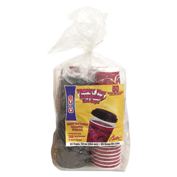 SOLO Cup Company Bistro Hot/Cold Foam Cups with Lids, 12oz, Maroon, 300-Cup &amp; Lids/Carton