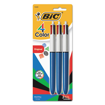 BIC 4-Color Multi-Color Ballpoint Pen, Retractable, Medium 1 mm, Black/Blue/Green/Red Ink, Blue Barrel, 3/Pack