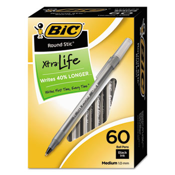 BIC Round Stic Xtra Life Ballpoint Pen Value Pack, Stick, Medium 1 mm, Black Ink, Smoke Barrel, 60/Box