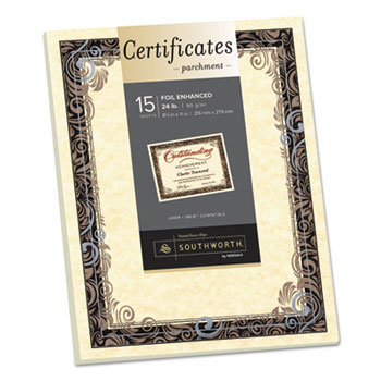 Southworth Foil-Enhanced Parchment Certificates, Ivory w/Silver Foil, 8 1/2 x 11, 15/Pack