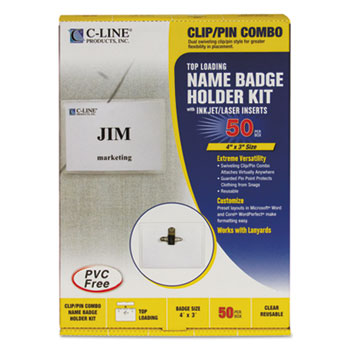 C-Line&#174; Name Badge Kits, Top Load, 4 x 3, Clear, Combo Clip/Pin, 50/Box