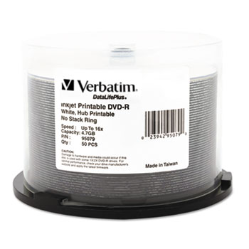 Verbatim&#174; DVD-R Discs 4.7GB 16X DataLifePlus White Inkjet Printable, 50/PK Spindle