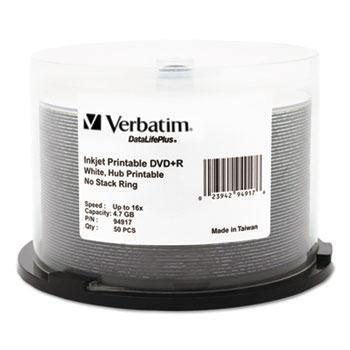 Verbatim&#174; Inkjet Printable DVD+R Discs, 4.7GB, 16x, Spindle, White, 50/Pack