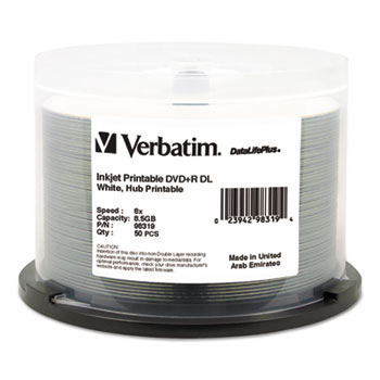 Verbatim&#174; DVD+R Dual Layer Recordable Disc, 8.5GB, 8X, Printable, Spindle, 50/Pk