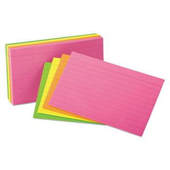 Oxford™ Ruled Index Cards, 3 x 5, Glow Green/Yellow, Orange/Pink, 100/Pack