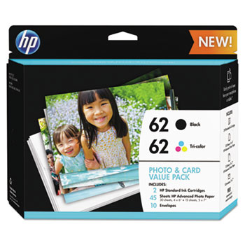 HP 62 Black, Tri-color Ink Cartridges with 30 sheets of 4x6 inch and 15 sheets of 5x7 inch Photo Paper (K3W67AN)