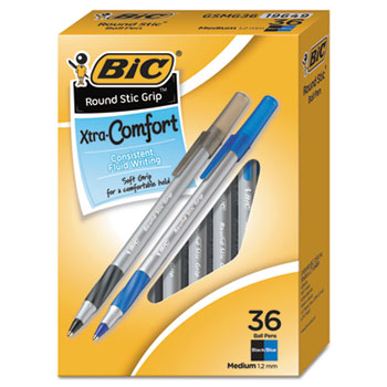 BIC Round Stic Grip Xtra Comfort Ballpoint Pen Value Pack, Easy-Glide, Stick, Medium 1.2mm, Assorted Ink and Barrel Colors, 36/PK