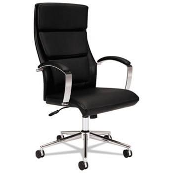 HON Basyx High-Back Executive Chair, Center-Tilt, Tension, Lock, Polished Aluminum Base, Black Bonded Leather