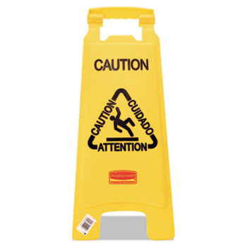 Rubbermaid&#174; Commercial Collapsible Multilingual Caution Industrial Sign, 2-Sided, 26 Inch, Yellow