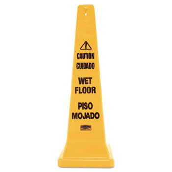Rubbermaid Commercial Four-Sided Caution, Wet Floor Yellow Safety Cone, 12 1/4 x 12 1/4 x 36h