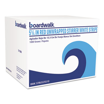 Boardwalk Unwrapped Single-Tube Stir-Straws, 5 1/4&quot;, Red/White Stripe, 1000/PK, 10 PK/CT