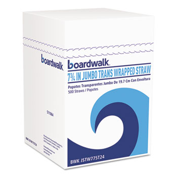 Boardwalk Wrapped Jumbo Straws, 7 3/4&quot;, Plastic, Translucent, 500/Pack, 24 Packs/Carton