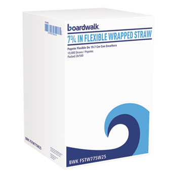 Boardwalk Flexible Wrapped Straws, 7.75&quot;, Plastic, White, 500/Pack, 20 Packs/Carton