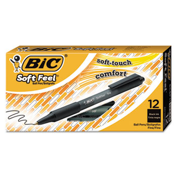 BIC&#174; Soft Feel Ballpoint Pen, Retractable, Fine 0.8 mm, Black Ink, Black Barrel, Dozen
