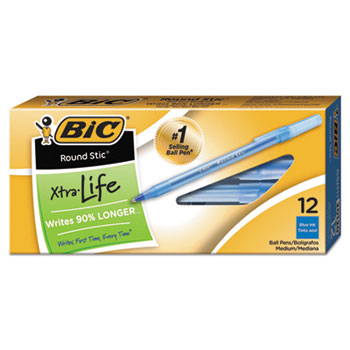 BIC Round Stic Xtra Life Ballpoint Pen, Stick, Medium 1 mm, Blue Ink, Translucent Blue Barrel, Dozen