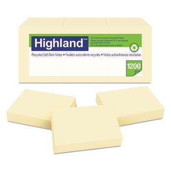 Highland™ Recycled Self-Stick Notes, 1 3/8 x 1 7/8, Yellow, 100 Sheets/Pad, 12 Pads/Pack