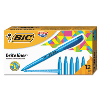 BIC Brite Liner Highlighter, Fluorescent Blue Ink, Chisel Tip, Blue/Black Barrel, Dozen