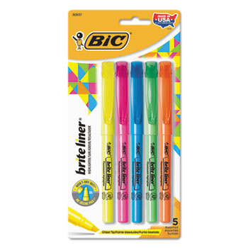 BIC Brite Liner Highlighter, Assorted Ink Colors, Chisel Tip, Assorted Barrel Colors, 5/Set