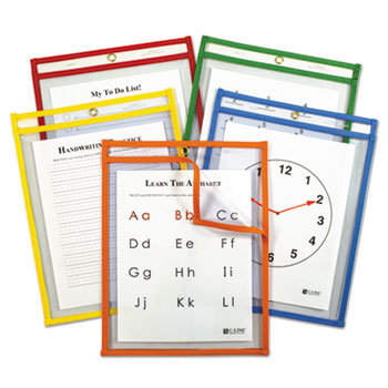 C-Line&#174; Reusable Dry Erase Pockets, 9 x 12, Assorted Primary Colors, 5/Pack