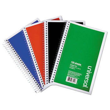 Universal Wirebound Notebook, 3 Subject, Medium/College Rule, Assorted Covers, 9.5 x 6, 120 Sheets, 4/Pack