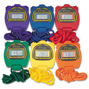 Champion Sports Water-Resistant Stopwatches, 1/100 Second, Assorted Colors, 6/Set