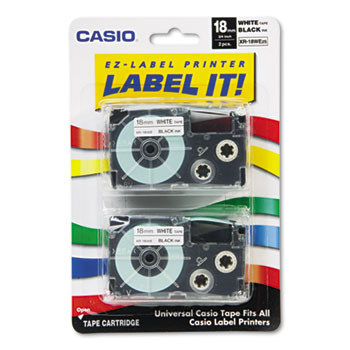 Casio&#174; Tape Cassettes for KL Label Makers, 18mm x 26ft, Black on White, 2/Pack