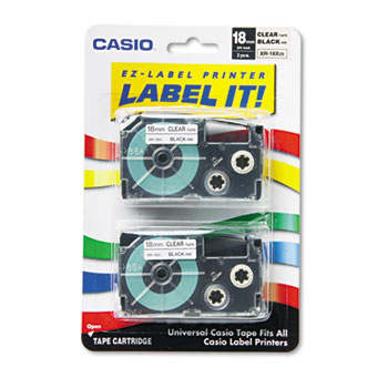 Casio&#174; Tape Cassettes for KL Label Makers, 18mm x 26ft, Black on Clear, 2/Pack