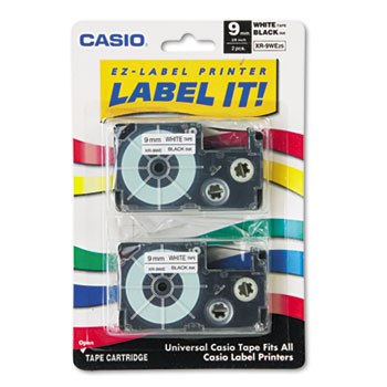 Casio&#174; Tape Cassettes for KL Label Makers, 9mm x 26ft, Black on White, 2/Pack