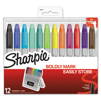 Sharpie Permanent Markers with Storage Case, Fine, Assorted, Original, 12/Pack