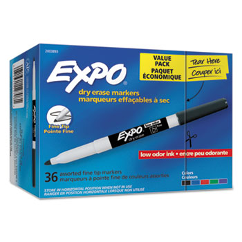 EXPO&#174; Low Odor Dry Erase Markers, Fine Tip - Office Pack, Assorted Colors, 36/Pack