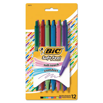 BIC Soft Feel Ballpoint Pen, Retractable, Medium 1 mm, Assorted Ink and Barrel Colors, Dozen