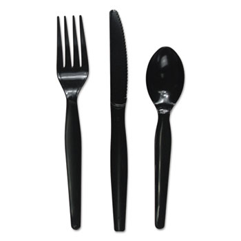 Boardwalk Three-Piece Cutlery Kit, Fork/Knife/Teaspoon, Heavyweight, Black, 250/Carton