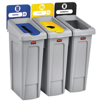 Rubbermaid&#174; Commercial Slim Jim Recycling Station Kit, 69 gal, 3-Stream Landfill/Paper/Bottles/Cans