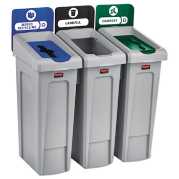 Rubbermaid&#174; Commercial Slim Jim Recycling Station Kit, 69 gal, 3-Stream Landfill/Mixed Recycling