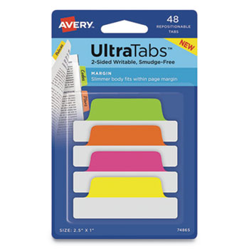 Avery Ultra Tabs Repositionable Tabs, 2.5 x 1, Green, Orange, Pink, Yellow, 48/PK