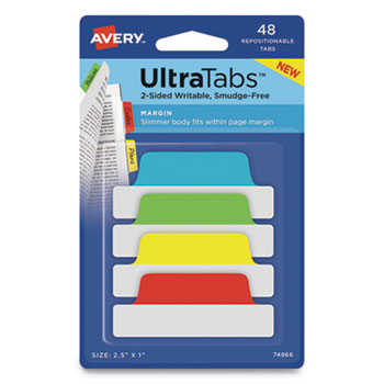 Avery Ultra Tabs Repositionable Tabs, 2.5 x 1, Blue, Green, Red, Yellow, 48/PK